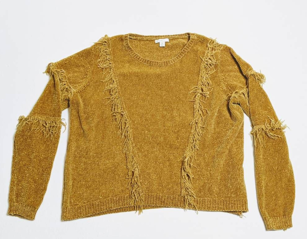 Cato EST 1946 Women's Pullover Sweater Gold Long Sleeve Crew Neck Fringe MEDIUM
